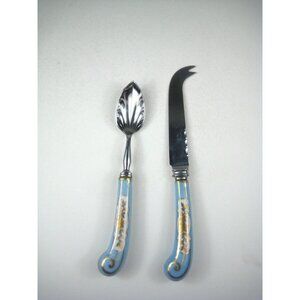 Decorative Cheese Knife Spoon Set Blue Gold Porcelain Handles Serving Utensils